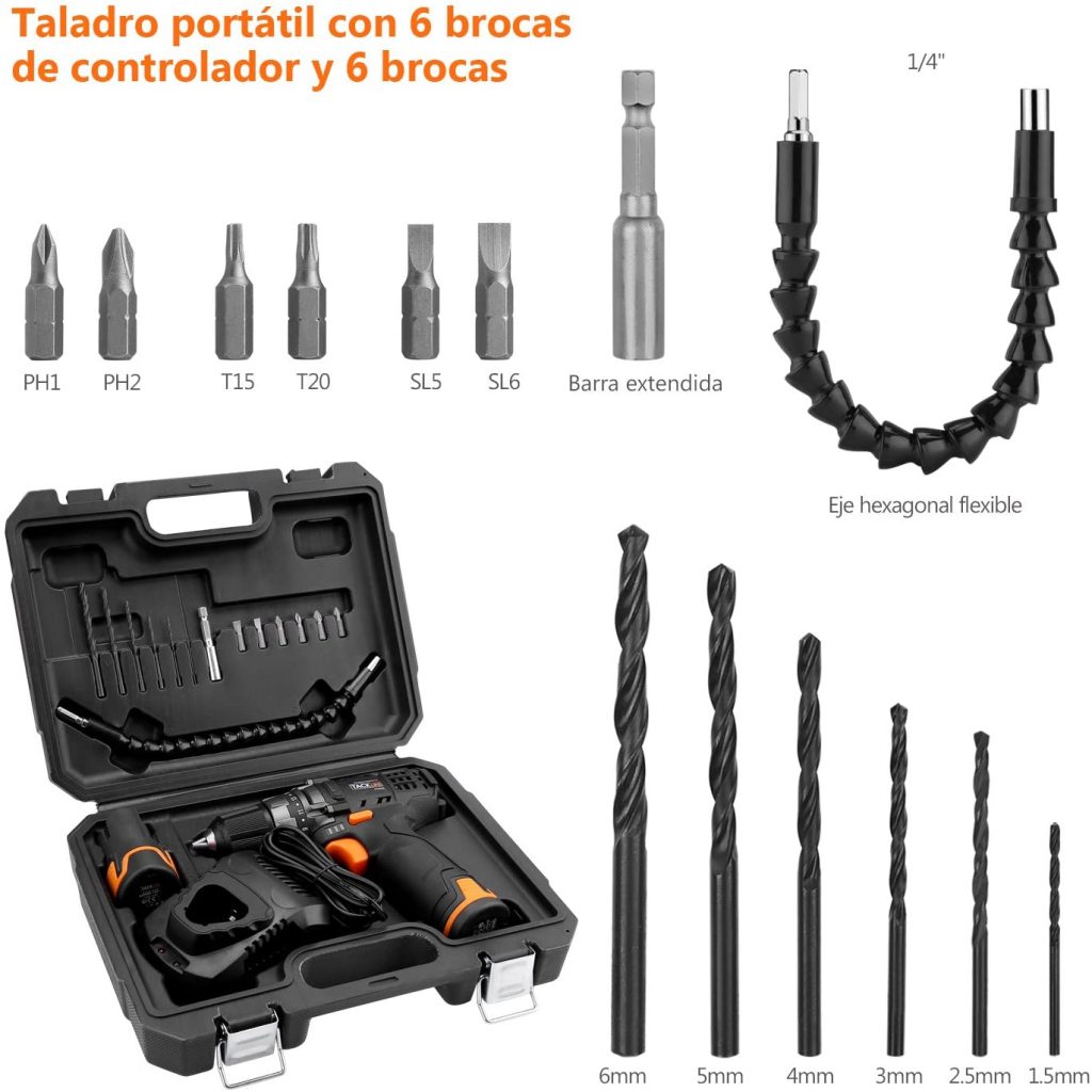 Taladro atornillador a bateria tacklife pcd03b con accesorios